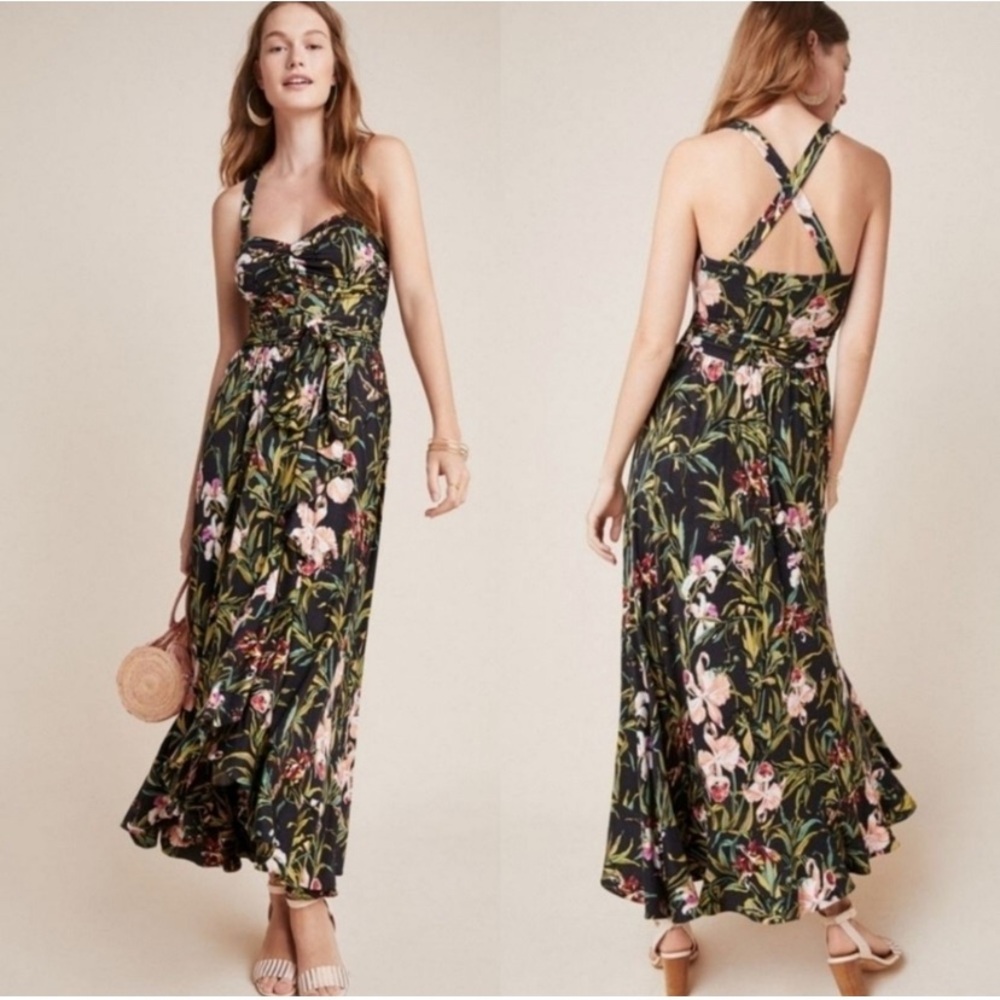 Maeve Anthropologie Gabriela Ruffled Maxi Dress Tropical Floral Black Multi S